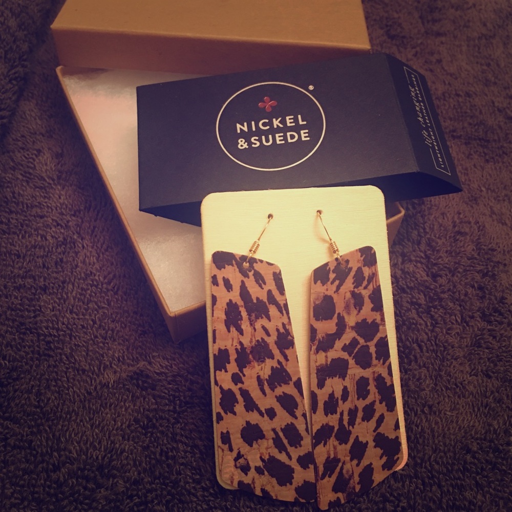 Nickel & Suede Cheetah Cork Gem Earrings